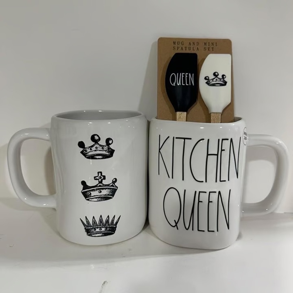 Rae Dunn Kitchen Queen Double-sided Mug and Spatula Set - White and Black